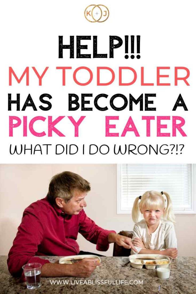 Text: Help! My toddler has become a picky eater. What did I do wrong?
Image: young child refusing a meal from parent