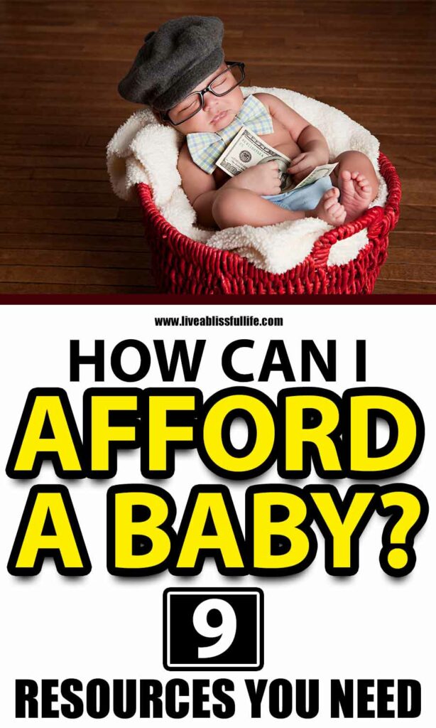 Text: How Can I Afford A Baby? 9 Resources You Need.
Image: Sleeping baby on a red basket wearing wire-rimmed glasses and a grey beret and holding a $100 bill
