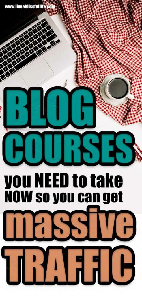 Text: Blog courses you need to take now so you can get massive traffic.
Image: A Macbook pro with a cup of black coffee on a red and white gingham table cloth