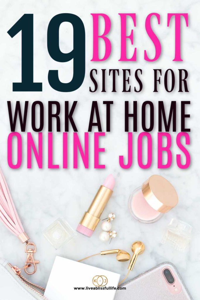 white background containing an iPhone, lipstick, headphones, purse and pressed powder in flashes of rose gold and gold. foreground states 19 best sites for work at home online jobs