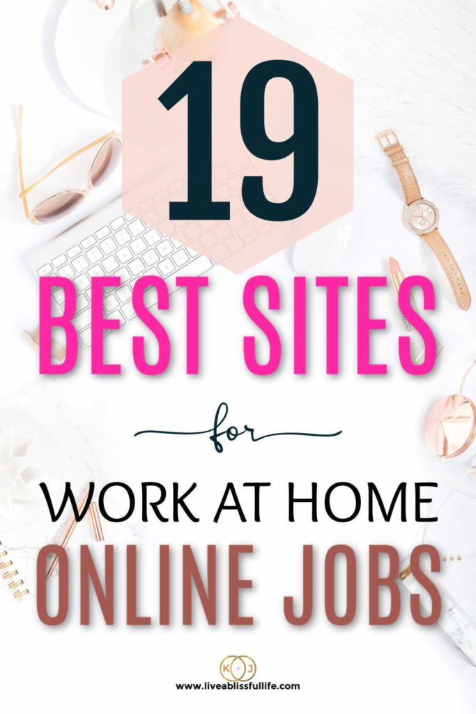 white background containing office equipment with flashes of rose gold and gold. foreground states 19 best sites for work at home online jobs