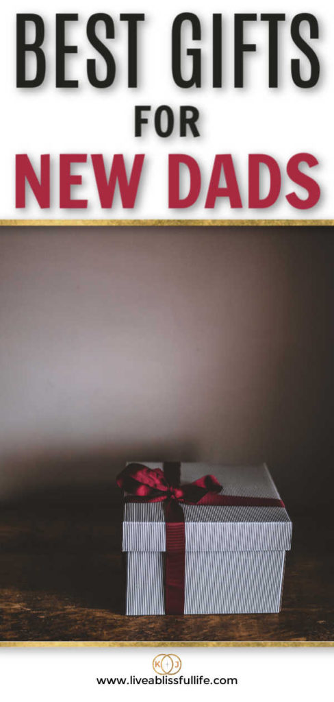 text: best gifts for new dads
image: gift wrapped in blue and white paper and finished with a dark red ribbon