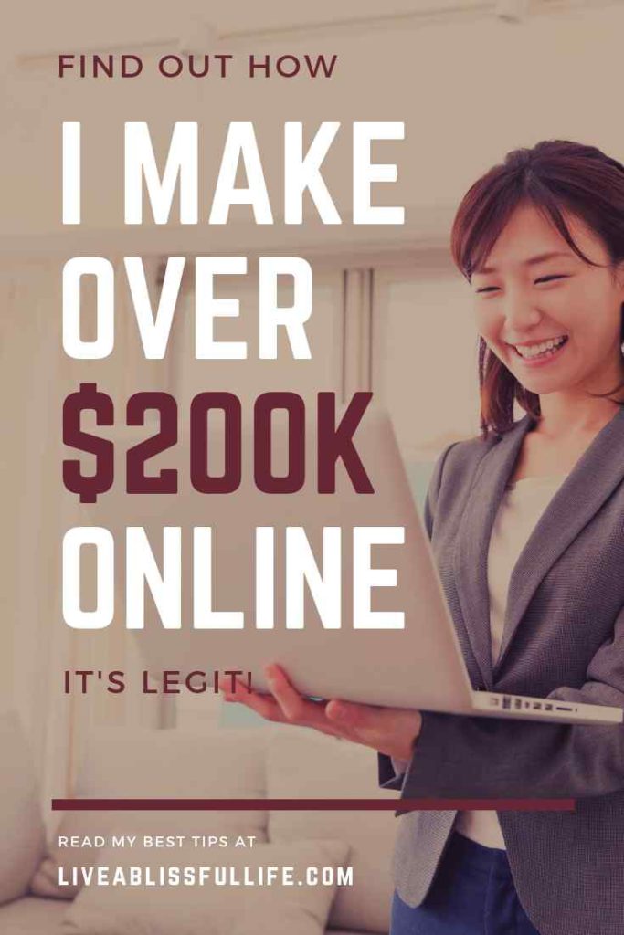 image: woman smiling at a laptop
text: find out how I make over $200K online