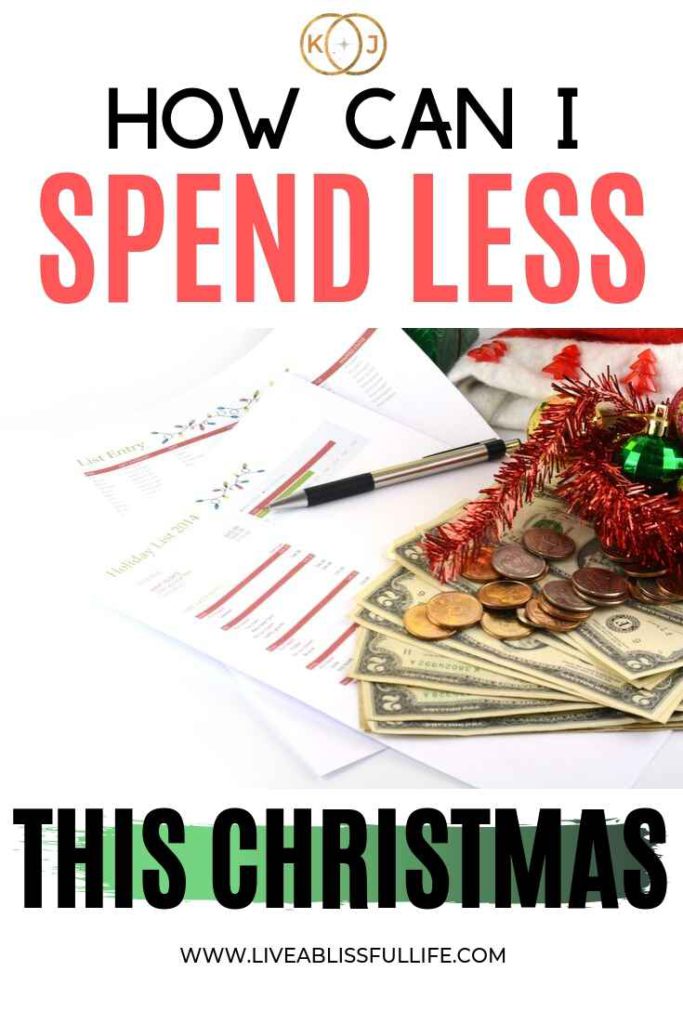 Text: How Can I Spend Less This Christmas
Image: Christmas budget with some decorations, bills and coins