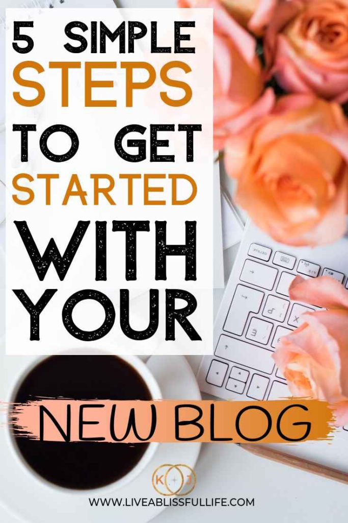 Image: Peach roses with laptop and a cup of coffee
Text: 5 Simple Steps To Get Started With Your New Blog