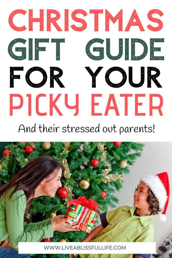 Text: Christmas gift guide for your picky eater and their stressed out parents
Image: Woman giving a child a Christmas present.