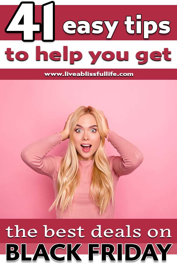 Image: Happily shocked woman in pink
Text: 41 easy tips to help you get the best deals on black friday