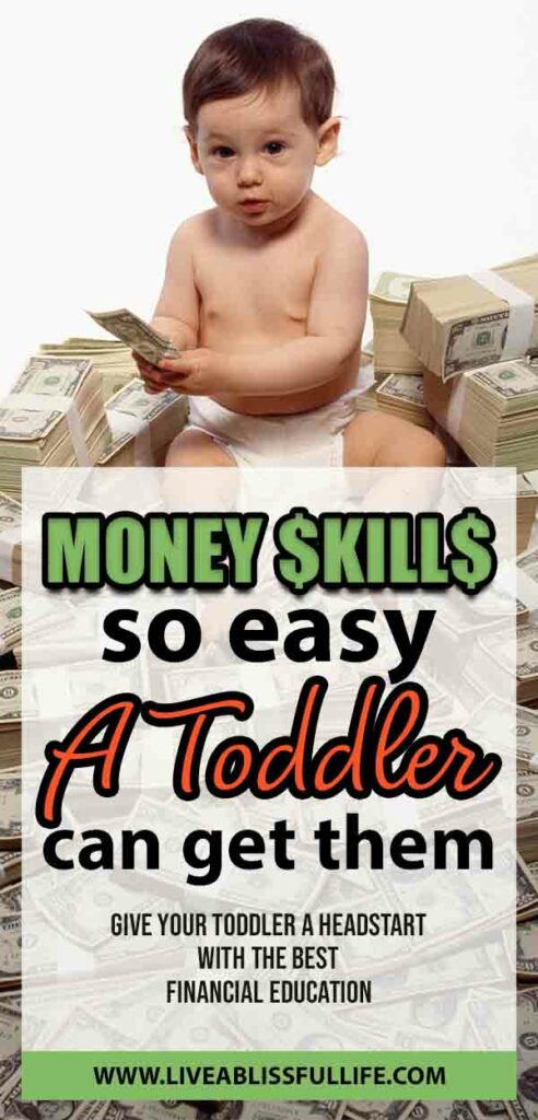 toddler sitting on a pile of dollar bills and holding one bill