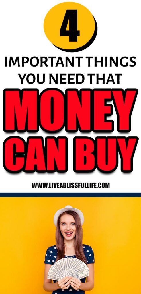 Image: Happy woman holding a fan of dollar bills
Text: 4 important things that money can buy