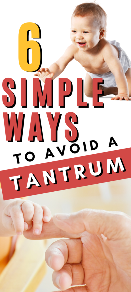 Text: 6 simple ways to avoid a tantrum.
Image: A smiling toddler crawling on all fours and a child's hand holding onto an older hand.