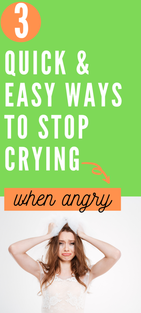 Text: 3 quick and easy ways to stop crying when angry.
Image: Crying woman in white with her hands on her hair
