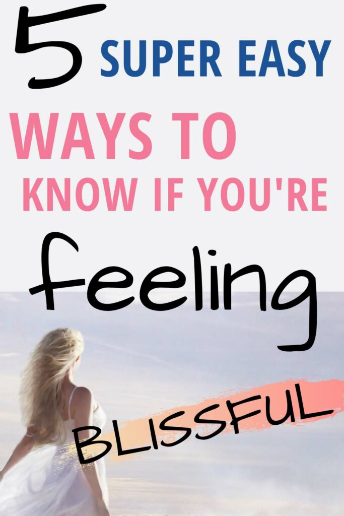 Text: 5 Super easy ways to know if you're feeling blissful.
Image: Blonde woman in a white dress standing against the wind and looking out at the sky.