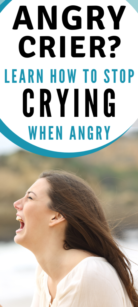 Text: Angry crier? Learn how to stop Crying when angry.
Image: Crying woman in white with mouth open in an angry scream.