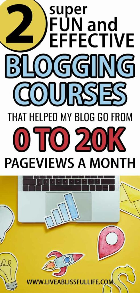 Text: Two super fun and effective blogging courses that helped my blog go from 0 to 20,000 pageviews a month
Image: laptop keyboard with coloured paper cutouts of bar graph, location icon, lightbulb, rocketship, dollar sign, envelope and speech bubble